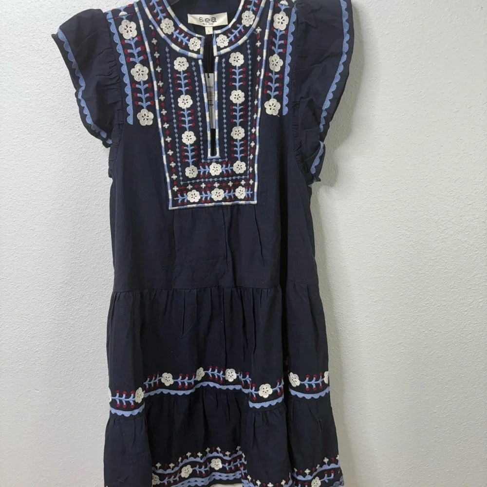 Sea New York Large Shaina Embroidery Flutter Sleeve Dress in Navy Size Large NWT - Picture 2 of 8